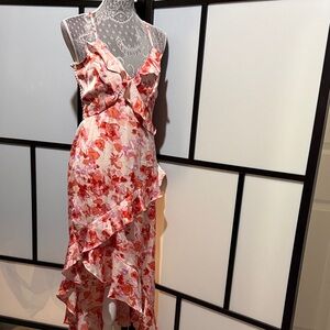 Japna Coral Pink Floral High-Low Ruffle Dress